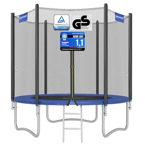 SONGMICS Trampolin Ø 244 cm, Gartentrampolin für Kinder mit Sicherheitsnetz, Randabdeckung, Leiter, 180 cm hohe gerade Stangen, Stahl-Rahmen, schwarz-blau STR8FT