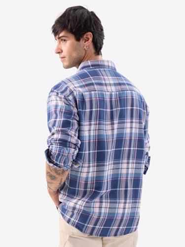 Image of The Souled Store Plaid: Blue, Pink, White Men and Boys Long Sleeve Collared Neck Button Front Relaxed Fit Cotton Shirts