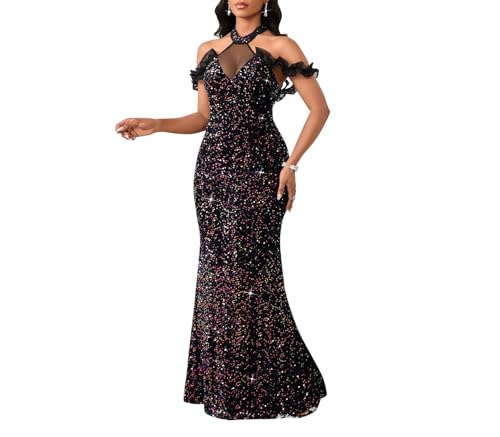 Image of Cololura Women Sexy Sequin Halter Neck Short Sleeve Mesh Perspective Party Bodycon Evening Cocktail Maxi Dress