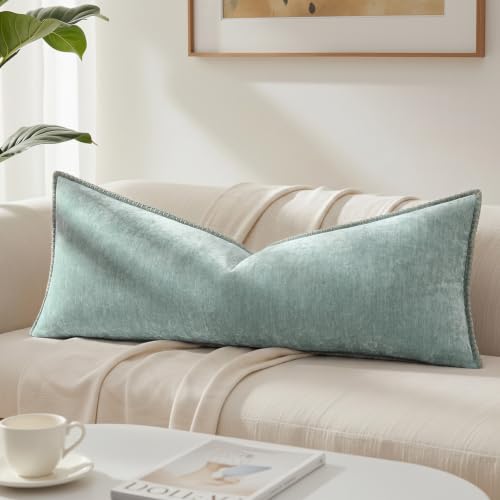 Image of decorUhome Fall Chenille Soft Cozy Throw Pillow Covers 14x36 Set of 1, Modern Farmhouse Boho Velvet Decorative Pillow Cases with Stitched Edge for Couch Sofa Bed Home Decor, Aqua Haze
