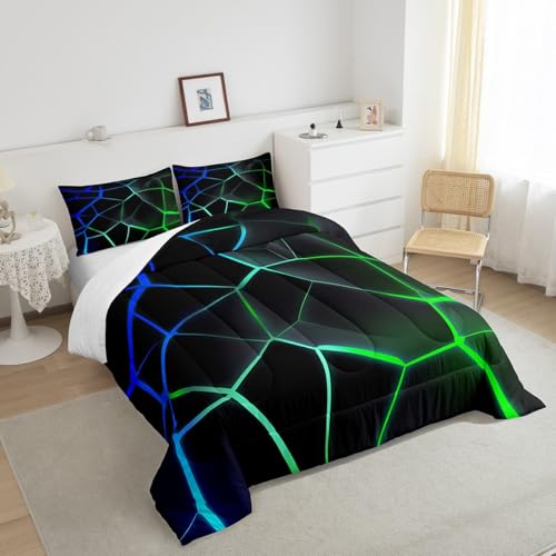 Image of Feelyou Geometric Honeycomb Comforter Set Green Blue Stereoscopic Hexagon Comforter for Kids Boys Girls Beehive Hexagon Bedding Set Geometric Duvet Set Room Decor Quilt King Size Boys