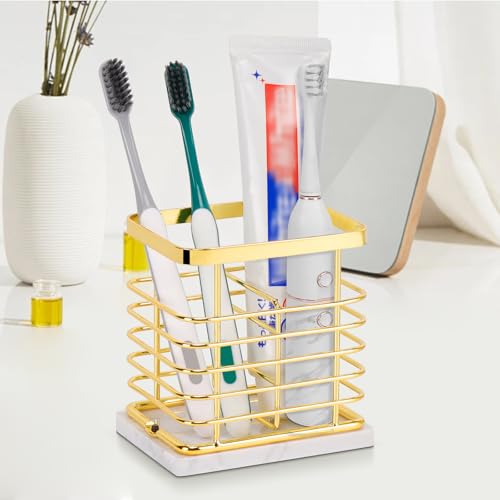 HarJue Toothbrush Holder, Luxurious Metal Toothbrush Toothpaste Holder with Marble Base for Bathroom, Multi-Slots Openwork Design, Bathroom Accessory for Storage and Organizer (Small, Gold) by HarJue - Used condition - Image 7