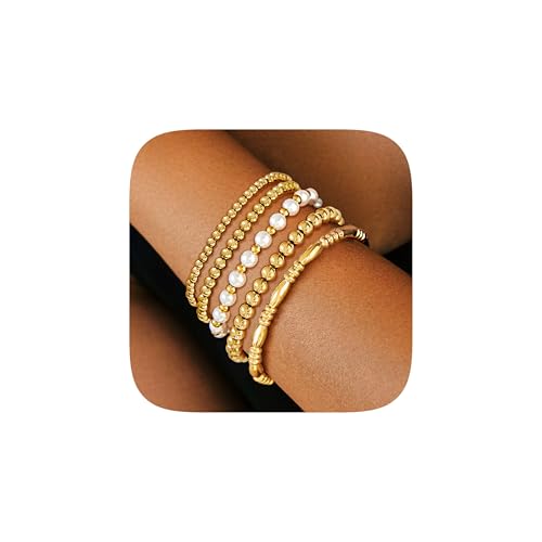 Gold Bangle Bracelets for Women, 14K Gold Plated Beaded Bracelets Stretch Bead Ball Chain Layered Bracelet Stack Set, Love Cubic Zirconia Bangle Women Jewelry