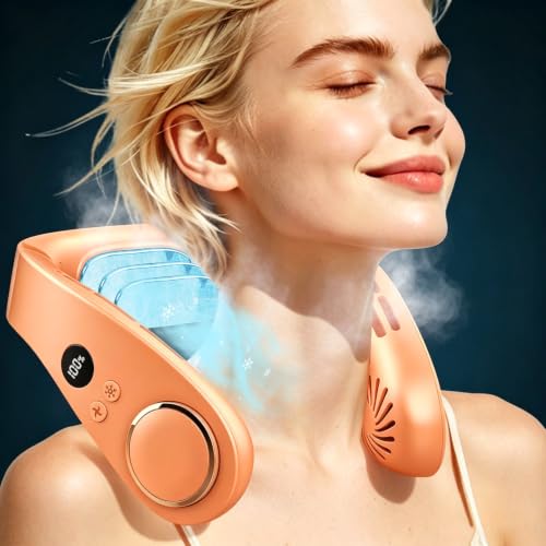 Image of Neck Air Conditioner with Metal Cooling Plate, 5500mAh Batteries & LED Display, Silent Wearable Personal AC Unit, Bladeless Headphone Fan for Hot Flash Relief for Women Men Adults Outside, Orange