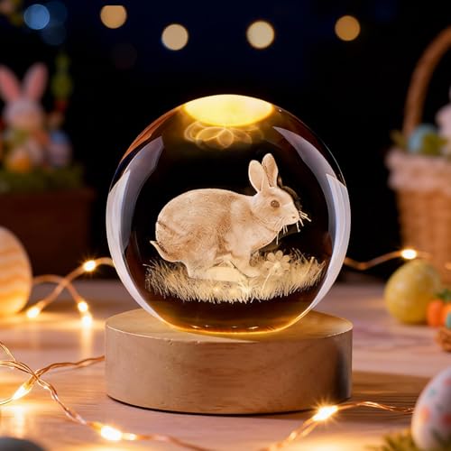 Osterdeko 3D Kristallkugel Nachtlicht, 60mm Schneekugel Oster Deko Hase mit Holzsockel, USB Lasergeätzte Kugel Lampe, Osterhase Glaskugel für Frühlingdeko Zuhause Geschenk(Hase x 6 cm)