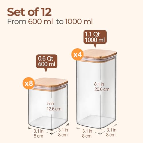 Image of ComSaf Storage Jars with Lid, Airtight, Set of 12 Glass Containers, Storage Jar with Wooden Lid, Storage Jars, Glass Storage Jars, Square Storage Container for Pasta, 600 ml x 8 & 1 L x 4