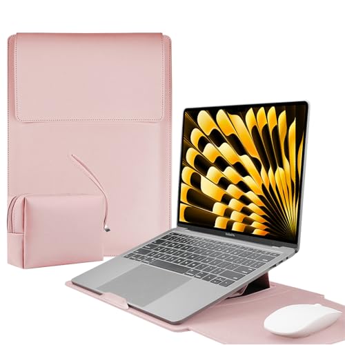 LuFiYa 【3in1】ノートパソコン用スリーブ pcスタンドとマウスパッド付き MacBook Air/MacBook Pro/iPad Air Pro/Surface 12/13/13.3/14/15.6/16インチ Laptop 対応 薄型 PU革パソコンスリーブ ノートPCインナーバッグ 耐衝撃 キズ 防止 撥水加工 電源収納ポーチ付き (13.3-14インチ | ピンク)の商品画像（Amazon）