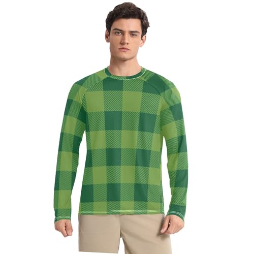 Green Tartan Plaid Men's Swim Shirts UPF 50+ Comfortable Comfort UV Sun Protection Long Sleeve Shirts Summer