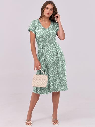 Image of ANRABESS Women Summer Dress Casual Short Sleeve V Neck A-Line Knee Length Pleated Flowy 2026 Fashion Midi Dresses with Pocket
