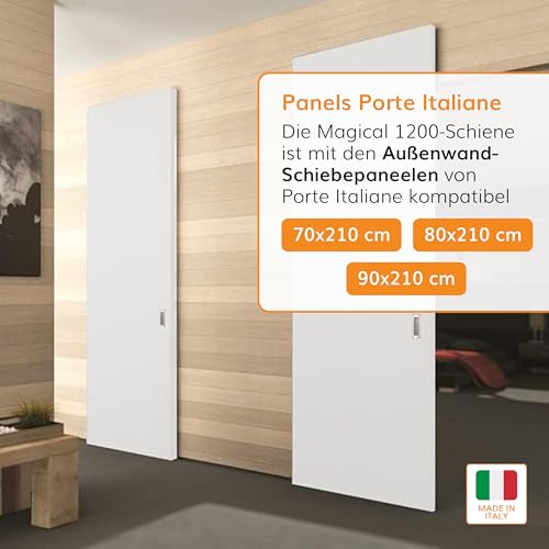 Porte Italiane, Unsichtbare Schiebetürschiene MAGICAL 1200, für Holzschiebetür vor der Wand von 80 cm bis 120 cm Breite, Kit mit Mechanismus, Zubehör und Führung