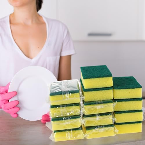 Image of 90 Pack Individually Wrapped Sponges Uncompressed Kitchen Dishwashing Non Scratch Scrouing Sponge Bulk for Hotel Car Airbnb Apartments,Green
