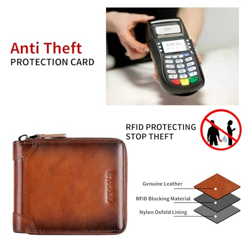 Men's Shielded Wallet Zipper Leather Wallet Men's Bifold RFID Card Case Wallets for Men (Brown)4