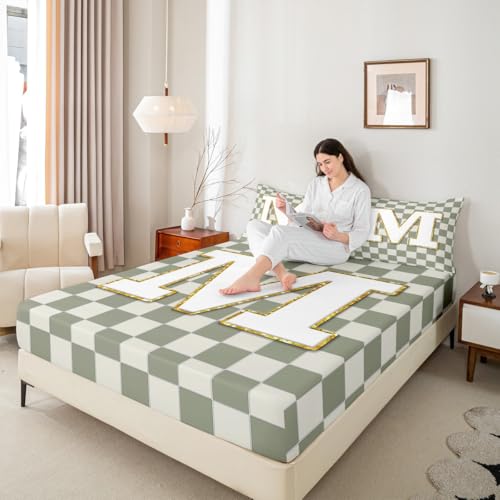 Image of Erosebridal Sage Green Checkered Bedding Set Twin Plaid Initial M Bed Sheets Personalized Monogram Sheet Set Kids Boys Girls,Fashion Grids Gingham Fitted Top Sheets 3 Piece