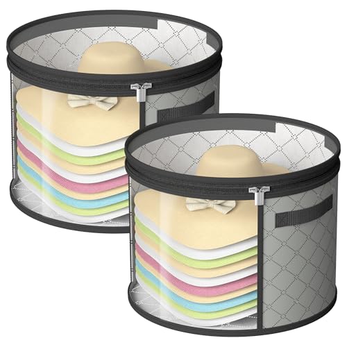 Veki 2pack Clear Hat Organizer for Closet, Hat Boxes for Women Storage With Dustproof Lids, Hat Box for Travel and Storage, Cowboy Hat, Stackable Round Brim Hats Organizer Bag Container (Gray)