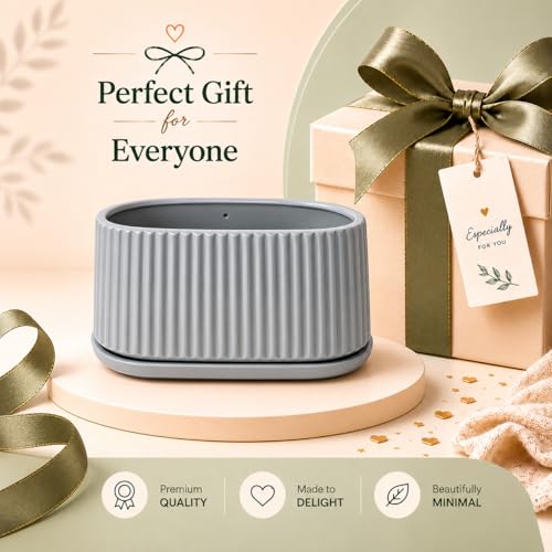 Image of Xtore Refined Ribbed Oval Planter Pot with Drain Tray for Indoor & Outdoor Plants | Minimal Modern Flower Pot (Grey, 23.5 cm) (Planter only)