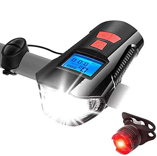 AlfaView Luz Bicicleta Recargable USB, Impermeable LED Bicicleta con Velocímetro Multifunción y Bocina luz de Bicicleta Delantera y Trasera Cuentakilómetros de Ciclo Multifunción