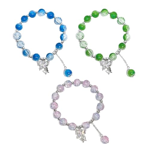 SUPKID 10MM Beaded Bracelets - Butterfly Pendant Beaded Stretch Bracelets - Matching Bracelets for 3 Beautiful Pink Blue Green - Design for Teenagers and Women