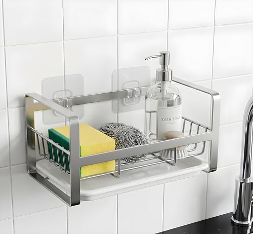 Image of Stainless Steel Kitchen Sink Organizer Sink Caddy Organizer with Removable Drainer Tray Rustproof Countertop or Wall Mounted Sink Rack for Sponge Scrubber & Brush - Silver