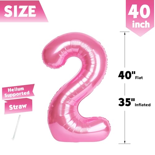 Image of 40 Inch Pink Number 2 Balloon Birthday Party Decorations for Men & Women | 40 Inch Pink inflatable foil number balloons, large birthday decorations for 2nd birthday