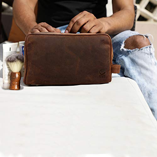 RUSTIC TOWN Full Grain Leather Travel Toiletry Bag - Dopp Kit Organizer (Dark Brown)