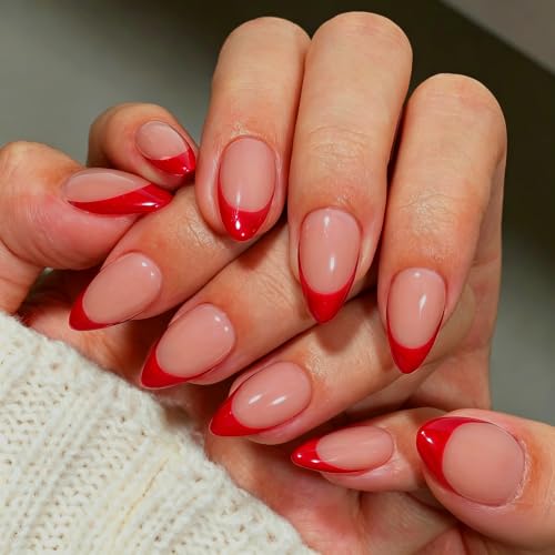 KQueenest Red French Tip Press On Nails Short Almond, 30 Pcs Press On Nails With Glue, Glossy Soft Gel Short Fake Nails Press ons, Reusable Natural Sheer Nude Glue on Nails for Women DIY Manicure