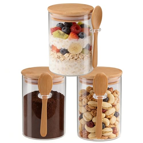Image of Set of 3 Airtight Glass Jars with Bamboo Lids and Spoons - 20oz Decorative and Durable Borosilicate Glass Canisters Perfect for Storing Coffee Beans,Tea,Flour,Sugar,Nuts,Candy,Bath Salts and More