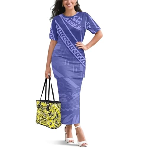 Image of Puletasi Samoan Traditional 2 Piece Outfits for Women Short Sleeve Crop Top and Maxi Skirt Sets Puletasi Dress