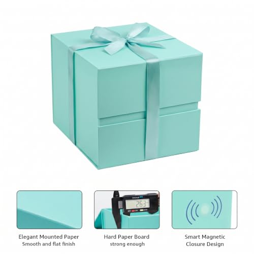 Image of LIFELUM Green Blue Gift Box for Presents 7 x 7 x 7 inch, 1 Pack Magnetic Gift Box with Lid, Ribbon, Greeting Card, Shredded Paper Filler for Birthday, Wedding, Party, Bridal Gifts