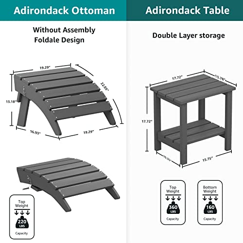Serwall 5-Piece Adirondack Chair And Ottoman And Table Set, Weather Resistant Adjustable Backrest Adirondack Chair With Ottoman And Side Table, Adriondack Chair For Backyard, Garden,Deck,Grey #TOP4
