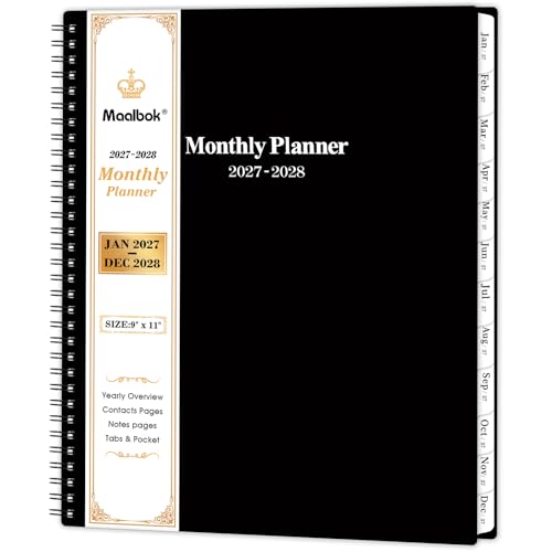 2027-2028 Monthly Planner/Calendar - January 2027 - December 2028, Monthly Calendar 2027-2028, 9" x 11", 2 Years Planner, Spiral Bound, Cardboard Cover, Black