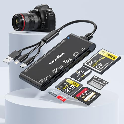 7-in-1 USB-A+USB-C+Lightning Memory Card Adapter for MS/XD/CF/SD，USB3.0 Multi Card Adapter for Windows, Mac, iOS, Android，Plug and Play Read/Write 5Gbps for iPhone/iPad/MacBook/Samsung/PC