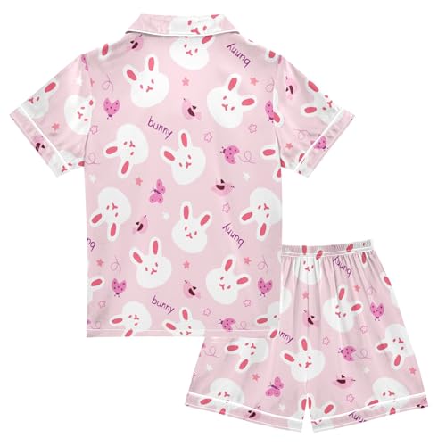 Cute Simple Bunny Pink Prints Summer Satin Pajama Set, Cute Button-Down Sleepwear Pj Set for Sleep Wears2
