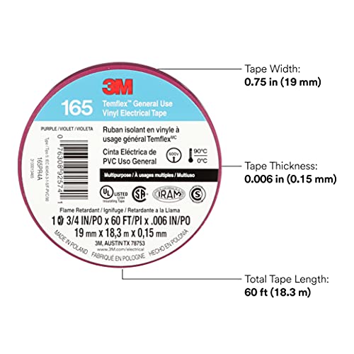 Image of 3M Temflex Vinyl Electrical Tape 165, 3 /4 in x 60 ft, Purple, 10 Roll Pack
