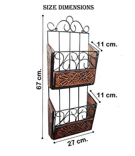 Image of Wall Magazine Rack | Wood & Wrought Iron Newspaper Holder | Book Storage Wall Shelf | Home & Office Organizer | Black & Natural | 67x28x11 cm