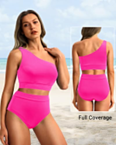 Image of Holipick Women One Shoulder High Waisted Bikini Sets Two Piece Swimsuit Tummy Control Bathing Suit Full Coverage Swimwear