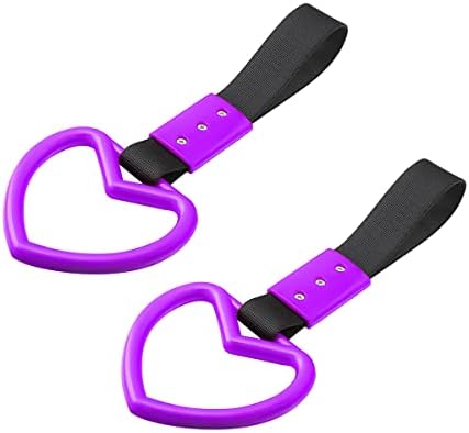 2PCS Tsurikawa Rings Heart-Shaped Car Hand Strap, Rear Bumper Warning Loop Janpanese Heart Handle for Cars, SUV, Subway, Bus, Auto Interior Exterior Warning Decoration (Purple/Black)