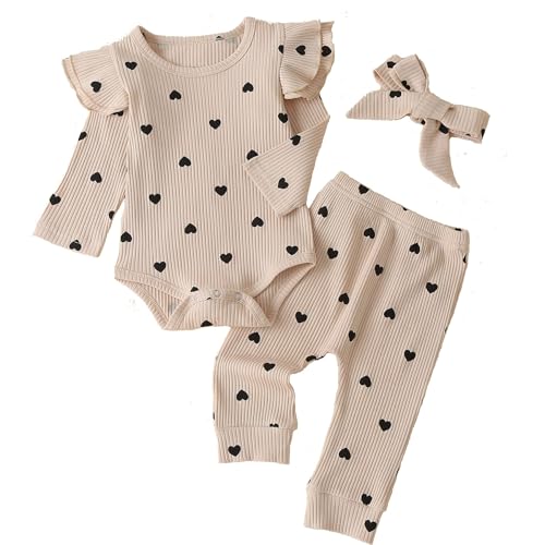 Fullfamous Baby Girl’s 3pc Rib Frill Long Sleeve Romper and Pant Set
