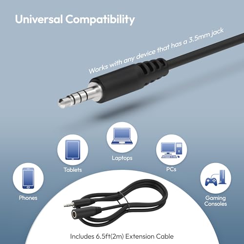 Image of E&P Wired Bone Conduction Headphones with Microphone | 3.5mm AUX Wired, Open-Ear Earbuds, 7ft Extension Cable, Hands Free, Volume Control, Sweatproof