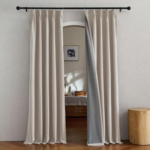 NICETOWN 100% Blackout Curtain Panels Pinch Pleated Linen Curtains 96 inches Long Beige Thermal Thick Linen Drapes Sound Reducing Window Treatment for
