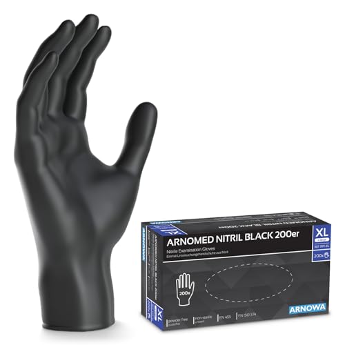 ARNOMED Gants jetables noirs, 200 pièces/boîte, gants nitrile taille XL, non poudrés & sans latex, gants jetables, gants disponibles en tailles S, M, L & XL