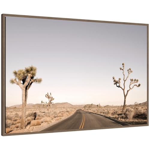 Kate and Laurel Framed Canvas Wall Art Print Driving joshua Tree No. 3 by Alicia Bock, 41 x 28 Sylvie Walnut Frame, Rustic Farmhouse, Landscape Art for Wall Decor