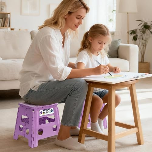 Image of Delxo 13 inch Folding Step Stool, Non-Slip Foldable Stools Up to 300 LBS, Step Stool with Handle, Lightweight for Kitchen, Bathroom, Bedroom, Garden, Light Purple, 1PC