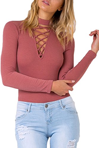 Mulisky Women's Lace Up Bandage Tight Bodysuit Cross Solid Jumpsuit Leotard S