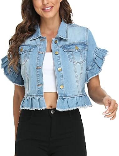 MISS MOLY Women's Denim Jacket Ruffle Sleeve Distressed Summer Cropped Jean Jackets Blue L