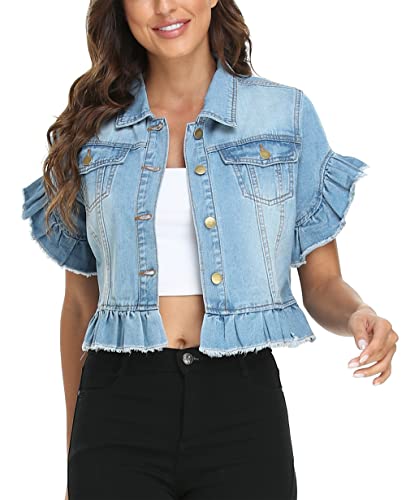 MISS MOLY Womens Denim Jacket Ruffle Sleeve Button Down Distressed Summer Cropped Jean Jackets Blue L