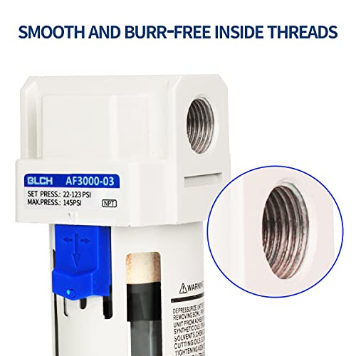 BLCH 3/8\" NPT Air Compressor Filter - Air Dryer for Compressor,Compressed Air Dryer Air Drying System AF3000-03 Manual Drain Poly Bowl 0-160 PSI 5μm