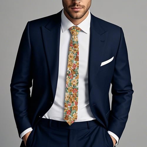 Image of Cotton Floral Ties for Men 2.76 inch Men's Skinny Tie Linen Flower Printed Neck Tie for Wedding Dating Party