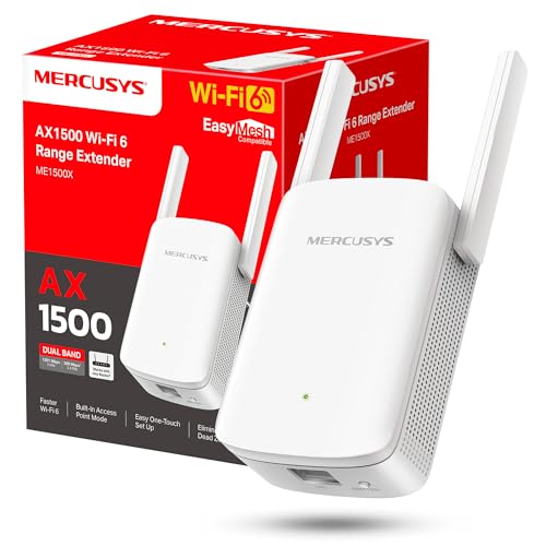 Mercusys ME1500X Wi-Fi 6 Amplificador WiFi, Repetidor de Doble Banda con 1201 Mbps 5 GHz + 300 Mbps 2,4 GHz, Puerto Gigabit, 2 × Antenas de Alto Rendimiento, Botón WPS, Modo Punto de Acceso