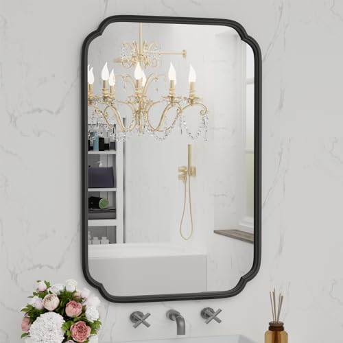Black Bathroom Vanity Mirrors for Over Sink 24 x 36 Modern Rounded Corner Rectangle Mirror with Non-Rusting Iron Metal Framed Wall Mounted Decorative Mirror (Horizontal/Vertical)