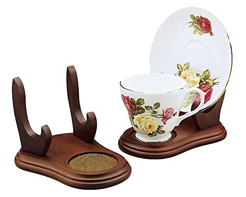 Banberry Designs Tea Cup And Saucer Display Stand - Set Of 2 Wood Holders For Collectible Teacup And Saucer Sets - Walnut Finish Single Cup/Saucer Display #TOP3